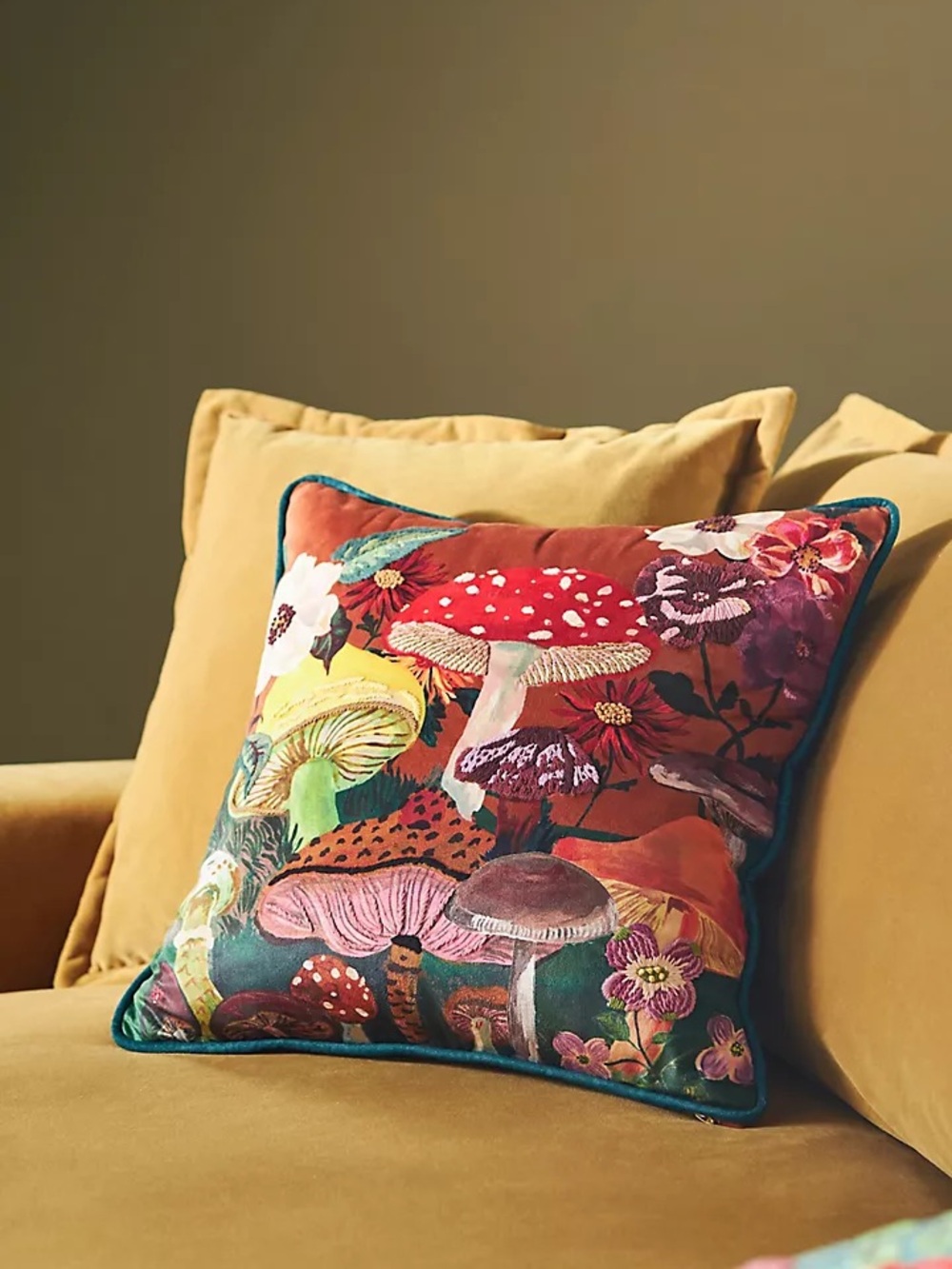 New Anthropologie Home Nathalie Lete Embroidered Mushroom Velvet Throw Pillow
